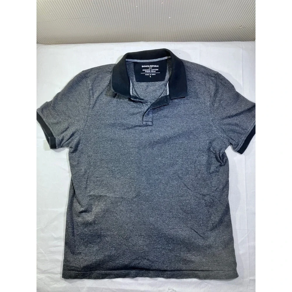 Banana Republic Mens‎ Cotton Pique Polo Shirt Size L Gray Striped Short Sleeve